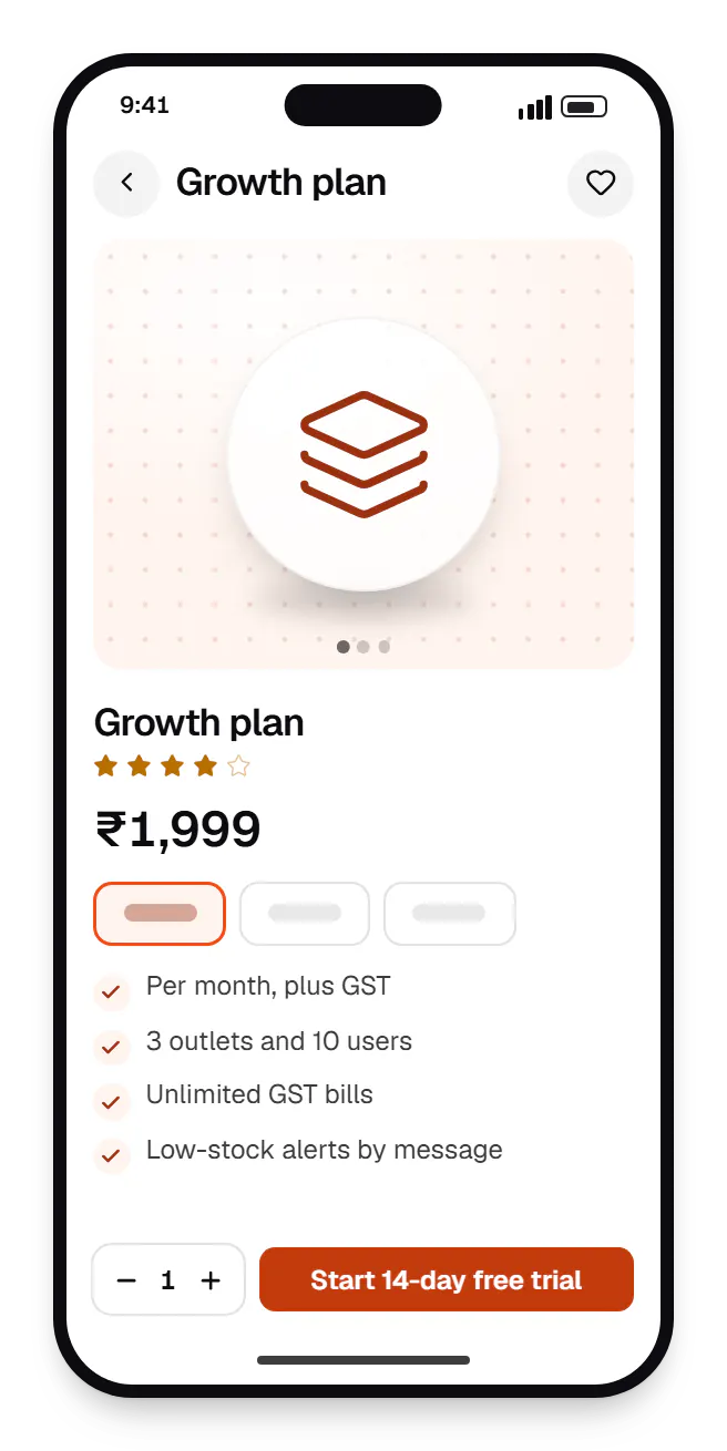 SaaS plans, on a phone product page on a phone, for growth plan, with price and options