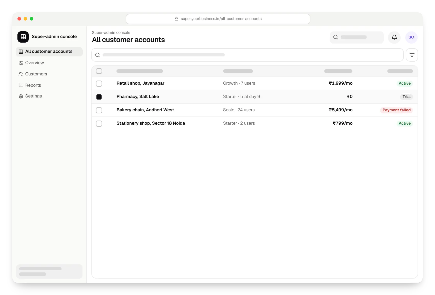 SaaS super-admin console all customer accounts table in a web browser, with 4 rows and status labels