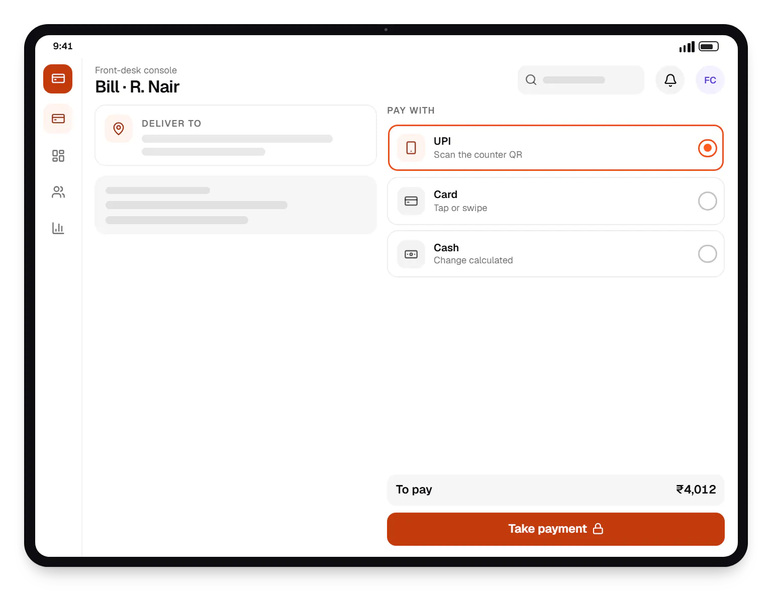 Salon & spa booking app front-desk console checkout on a tablet, with UPI, card and cash options