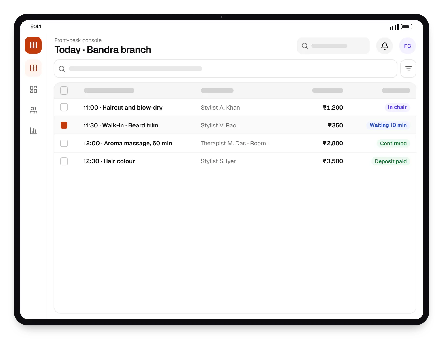 Salon & spa booking app front-desk console today table on a tablet, with 4 rows and status labels