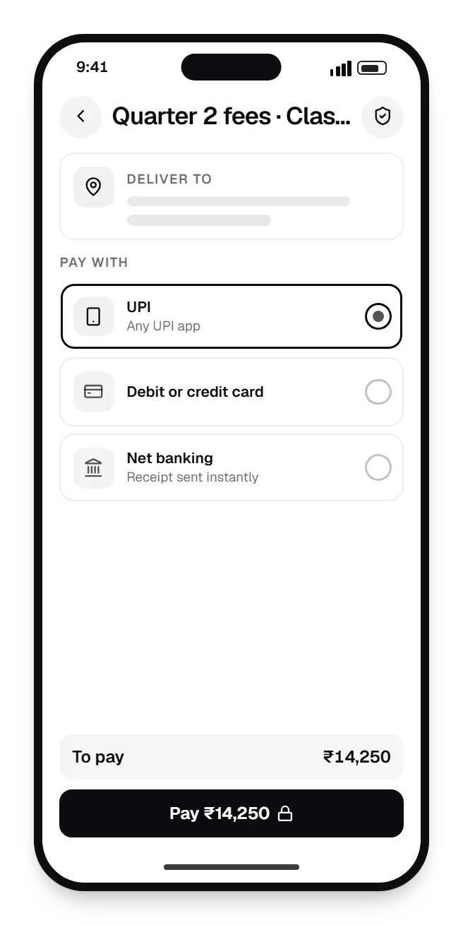 School management software parent app checkout on a phone, with UPI, debit or credit card and net banking options