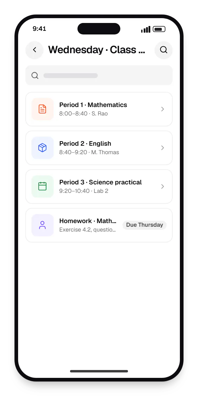School management software parent app Wednesday on a phone, with 4 entries