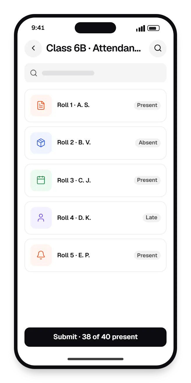 School management software teacher app class 6B on a phone, with 5 entries