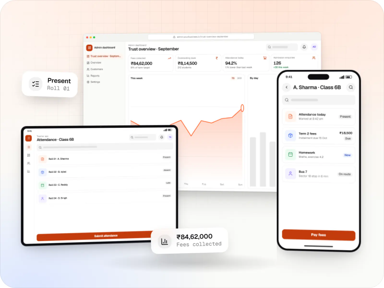School software screens: admin dashboard in a browser, teacher app on a tablet and parent app on a phone