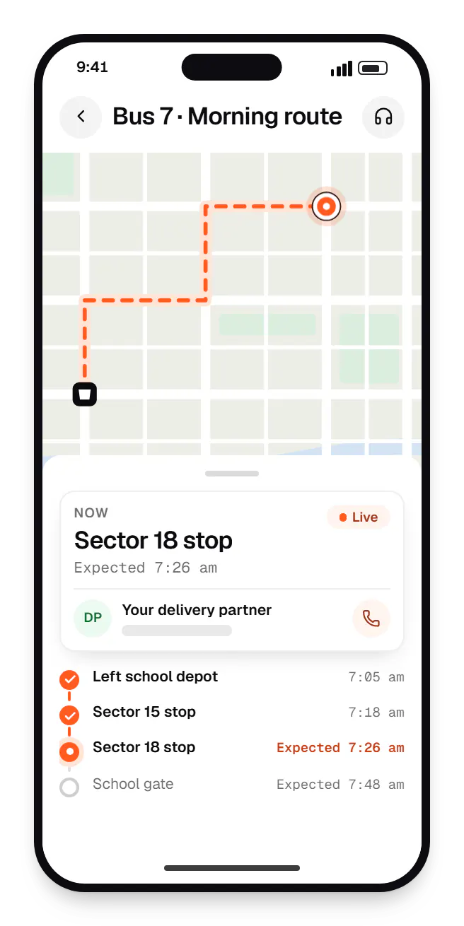 School software parent app order tracking on a phone, with live status steps