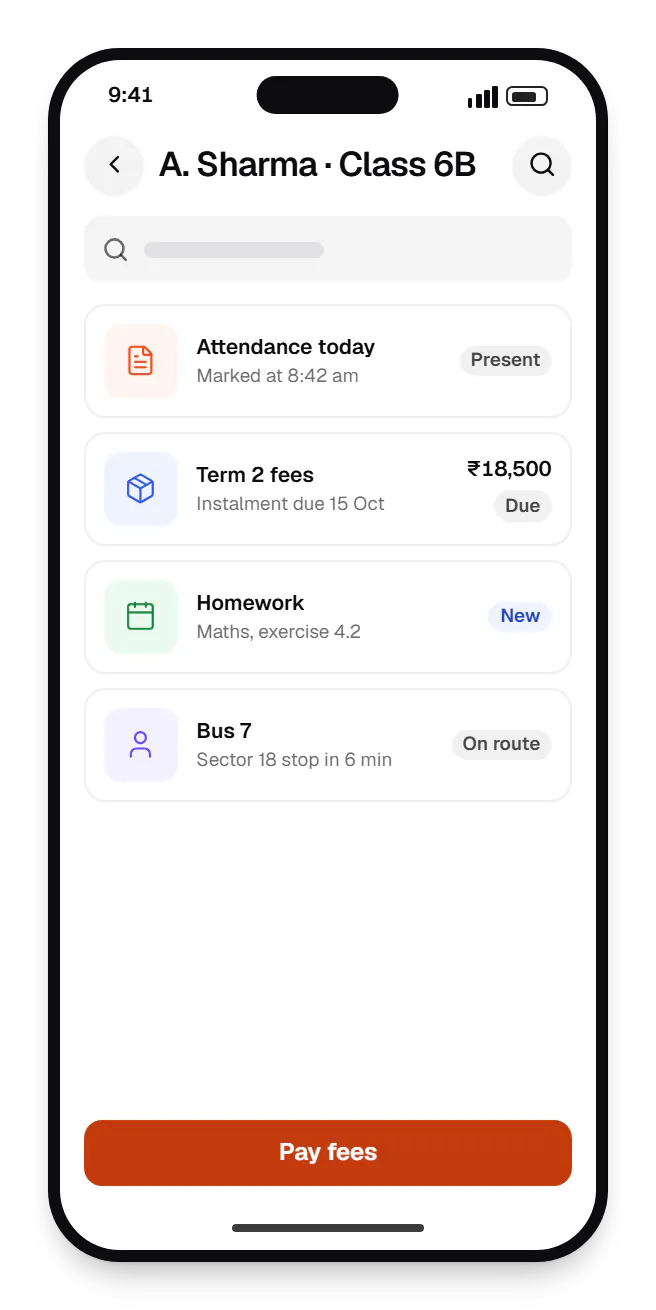 School software parent app A. sharma on a phone, with 4 entries