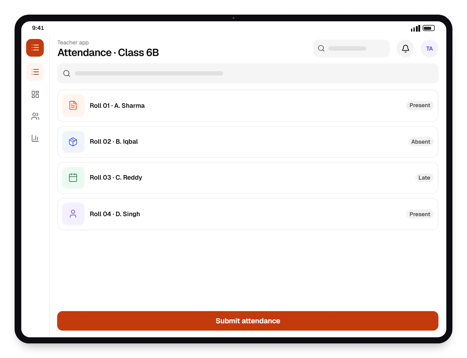 School software teacher app attendance on a tablet, with 4 entries