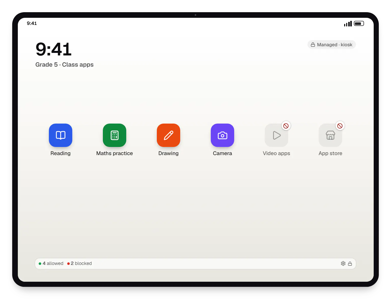 Management console for schools class tablet app launcher on a tablet