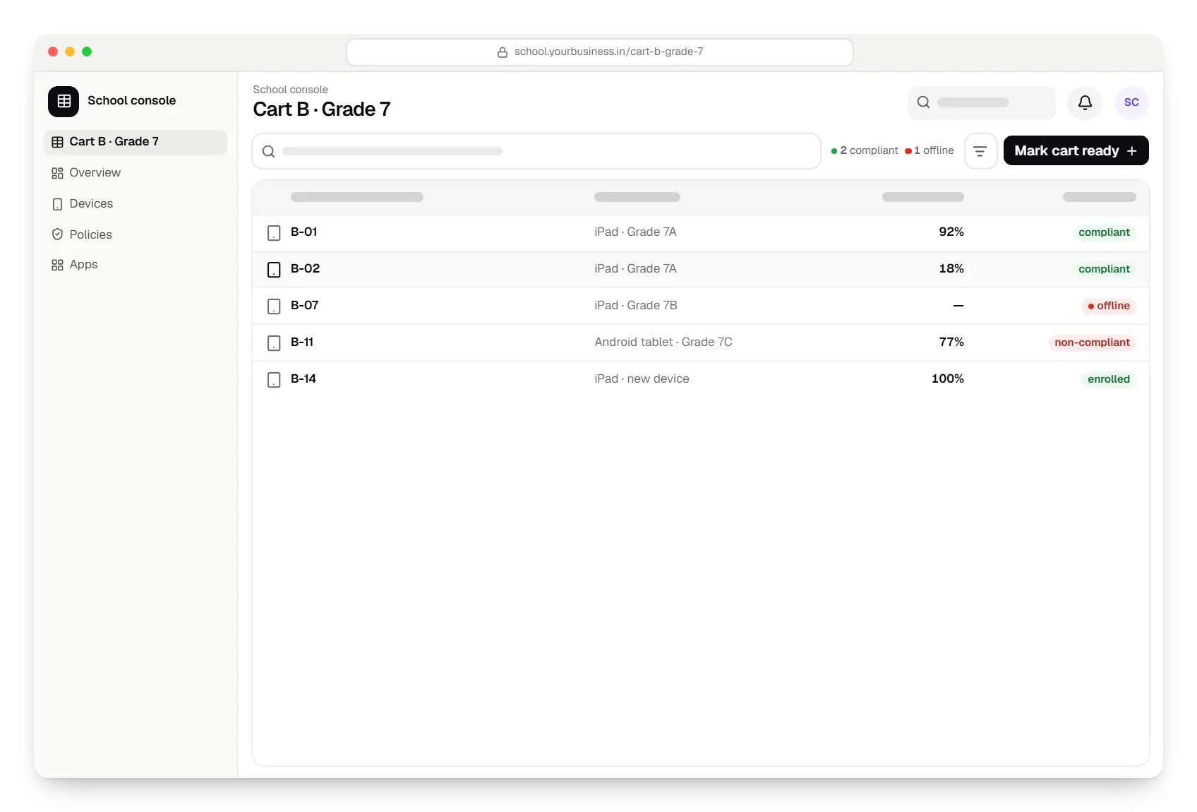 Tablet management for schools school console cart B table in a web browser, with 5 rows and status labels