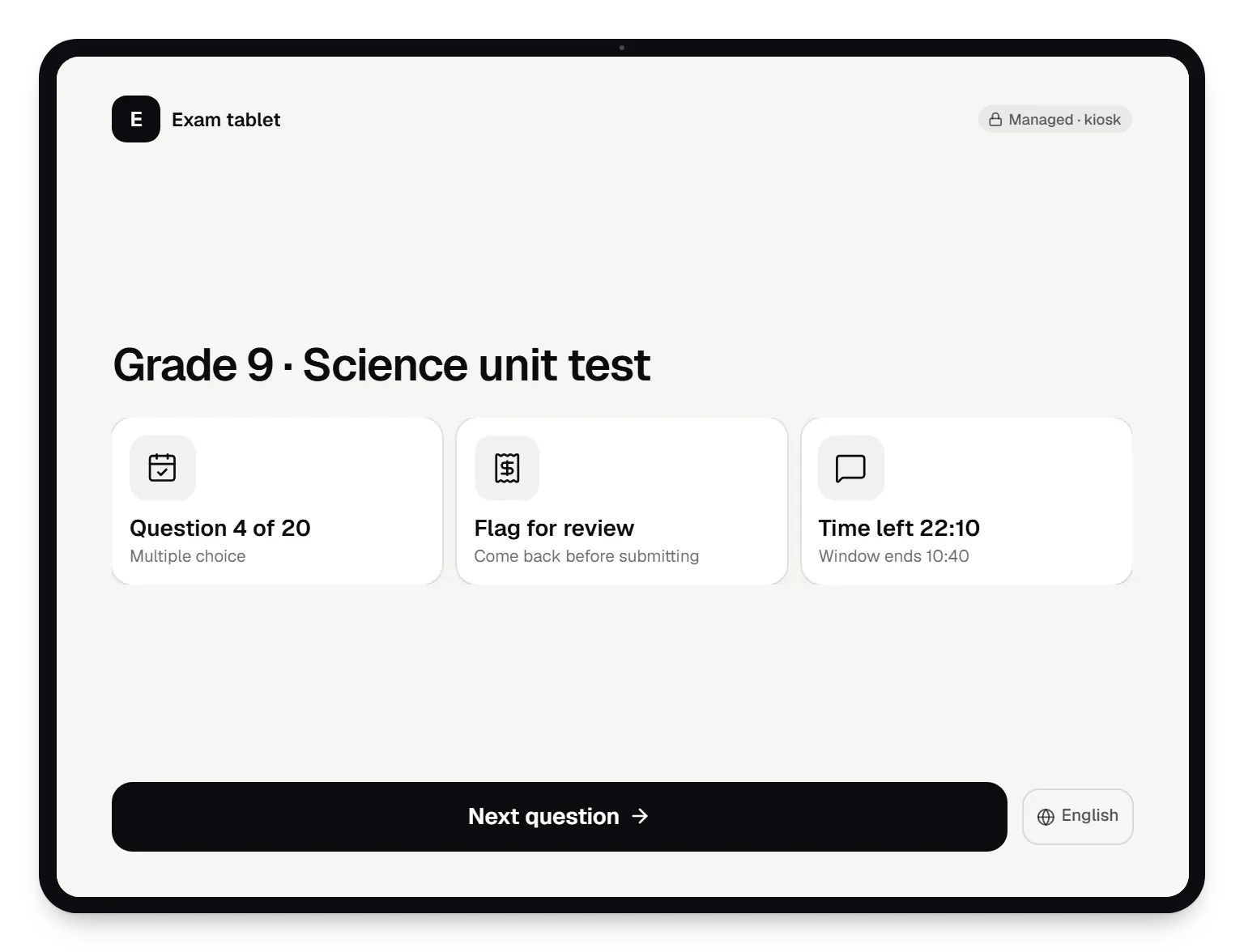Management console for schools exam tablet locked kiosk screen on a tablet