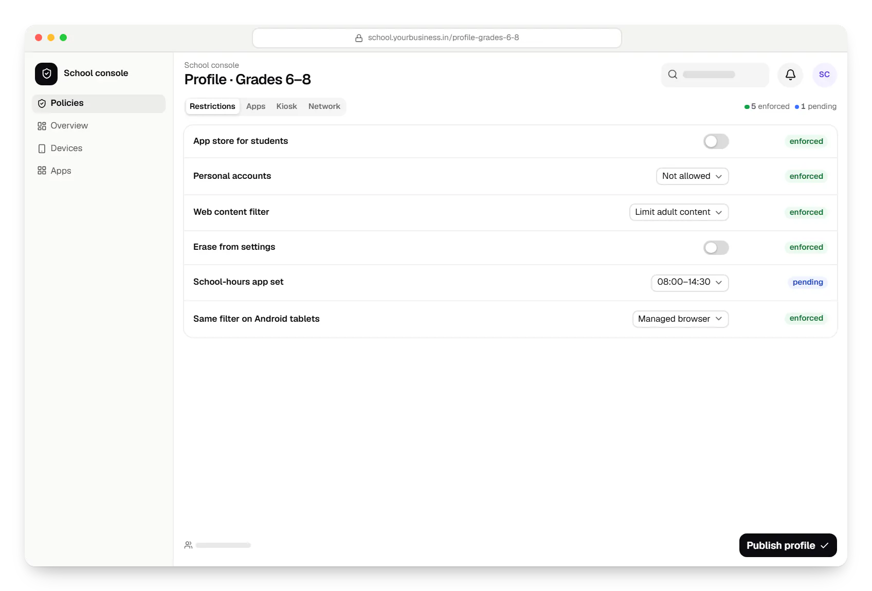 Tablet management for schools school console policy settings in a web browser