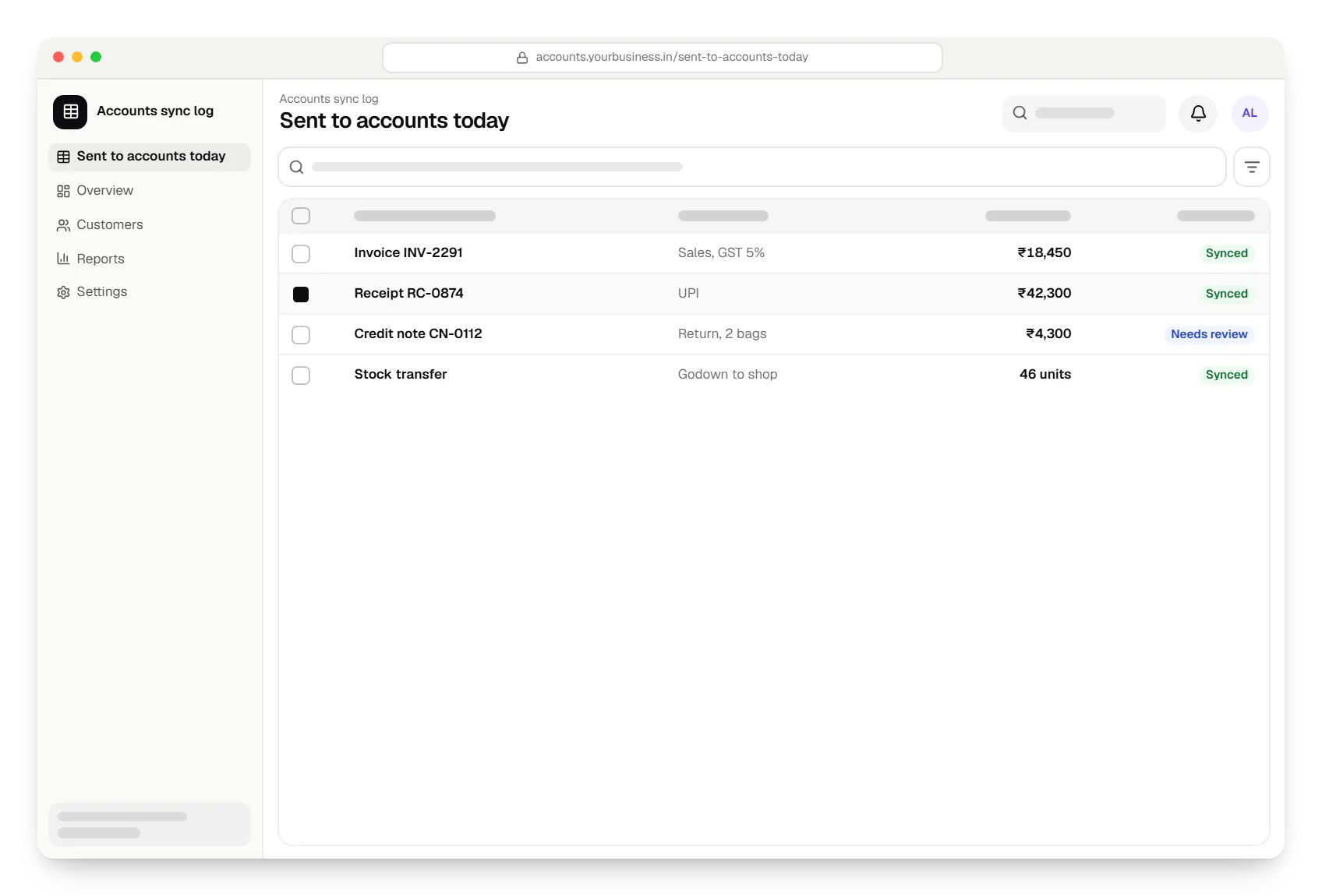 Small business software accounts sync log sent to accounts today table in a web browser, with 4 rows and status labels