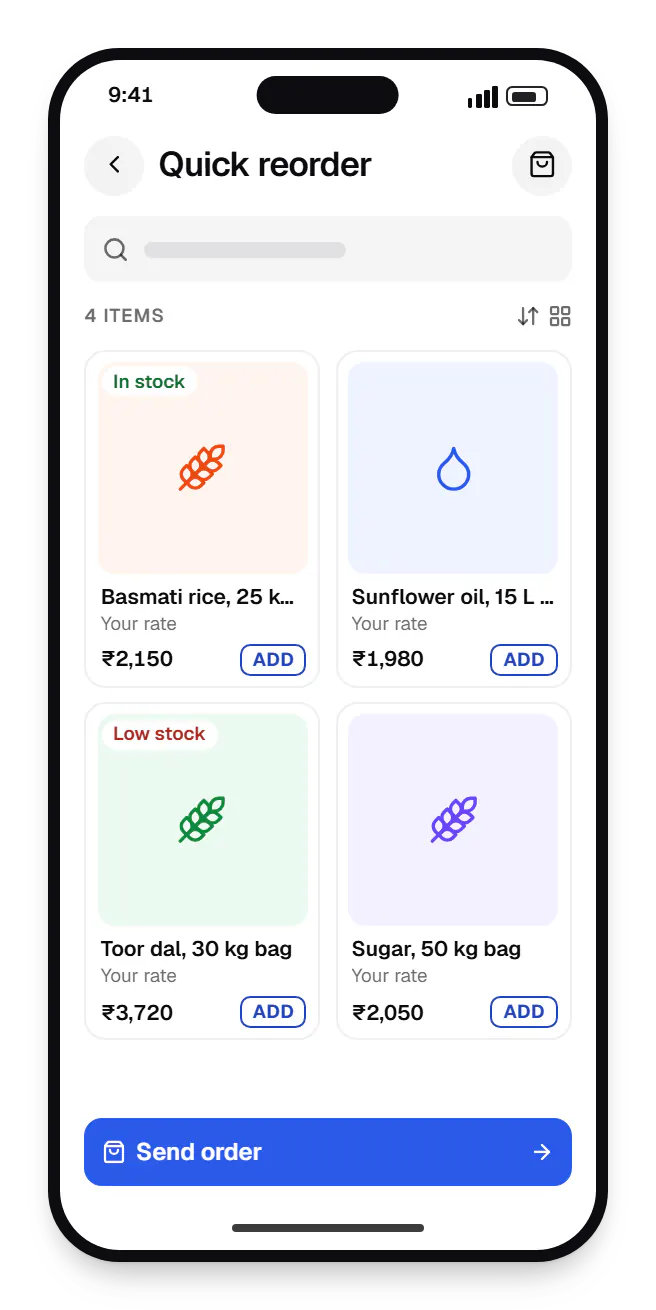 Small business software customer reorder link catalogue on a phone, showing quick reorder with prices