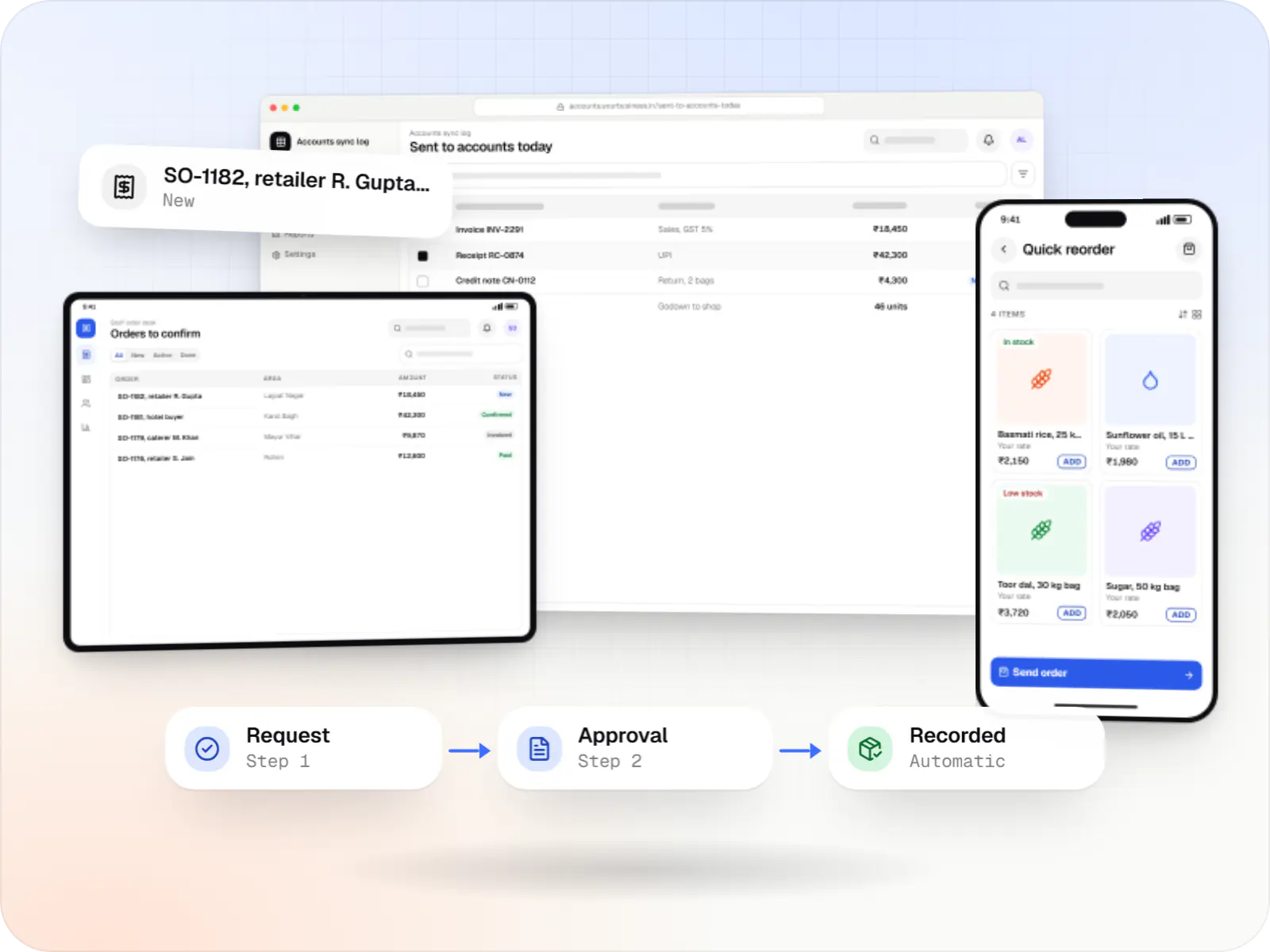Small business software screens: accounts sync log in a browser and staff order desk on a tablet