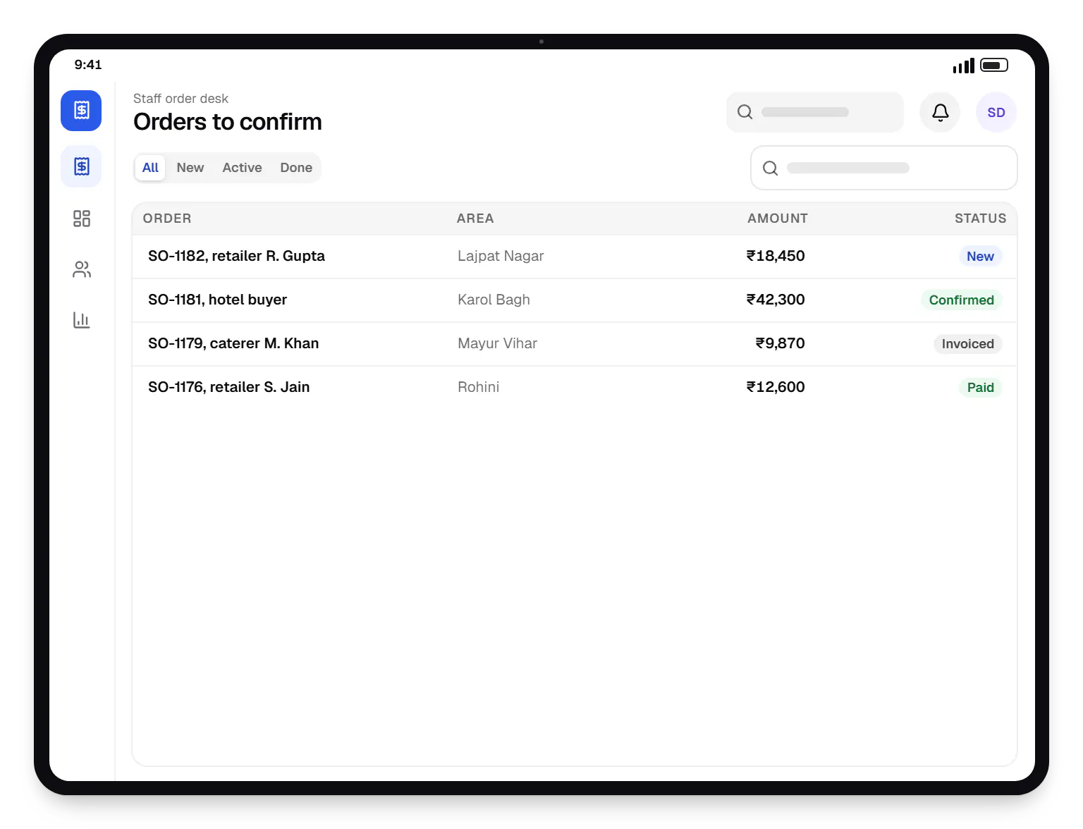 Small business software staff order desk order list on a tablet, with 4 orders and their status