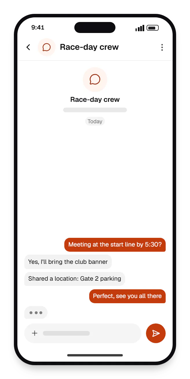 Social platform software member app chat on a phone, with a question and a reply