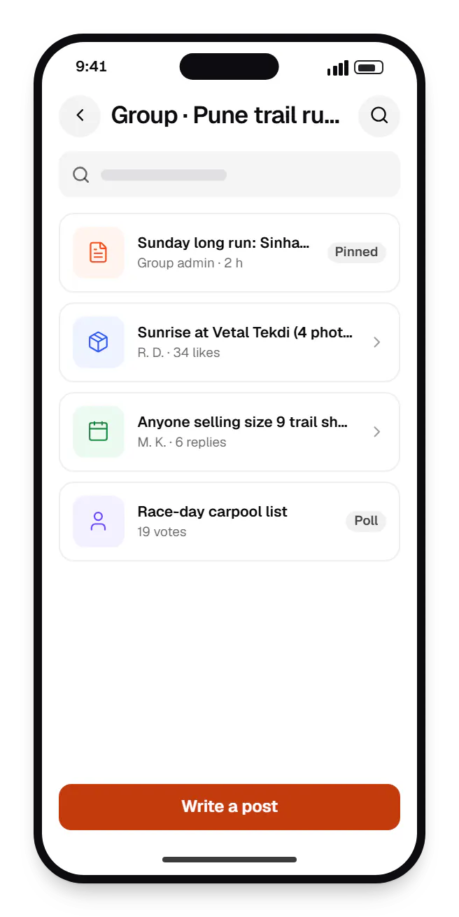 Social platform software member app group on a phone, with 4 entries