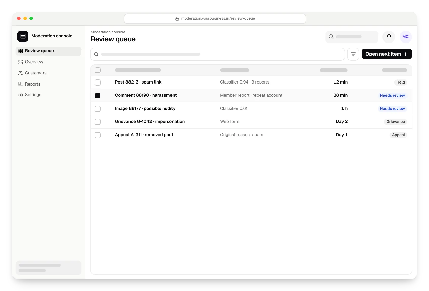 Social platform software moderation console review queue table in a web browser, with 5 rows and status labels