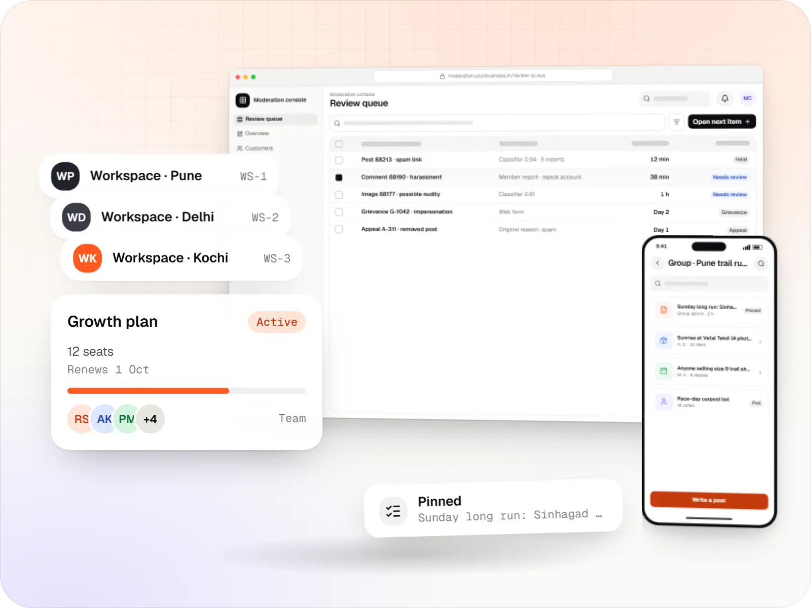 Social platform software screens: moderation console in a browser, member app on a phone and workspace cards and a plan card