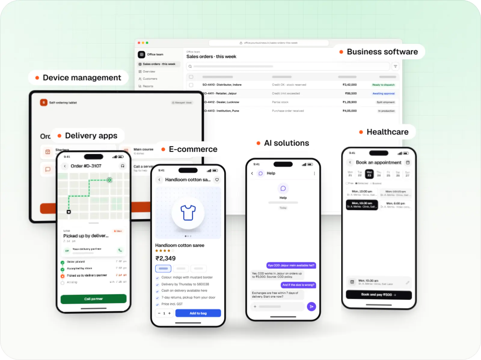 Sample screens of business software, a kiosk tablet, delivery, e-commerce, AI chat and healthcare booking apps