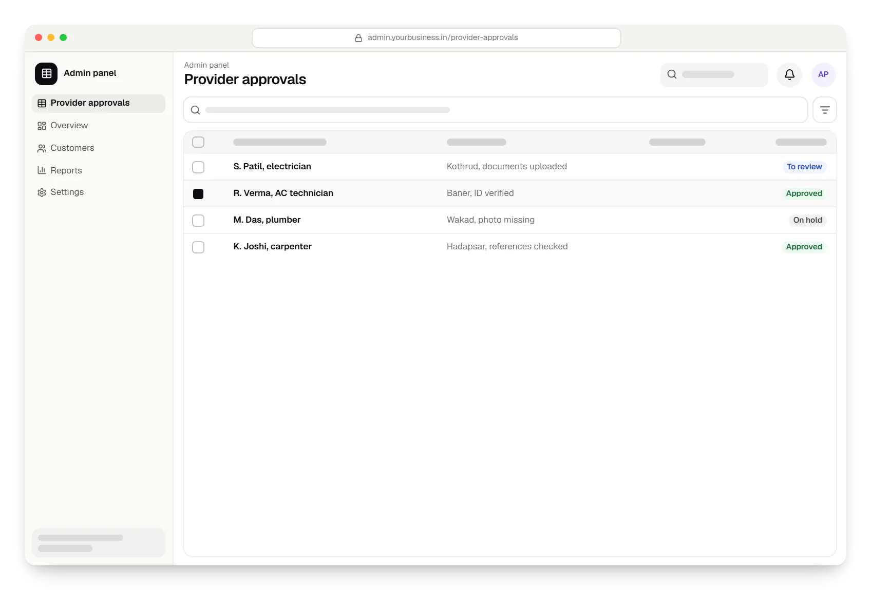 Startup software admin panel provider approvals table in a web browser, with 4 rows and status labels