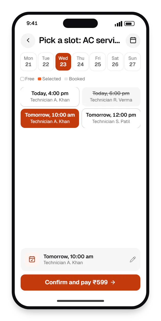 Startup software customer app booking slots on a phone, with open time slots