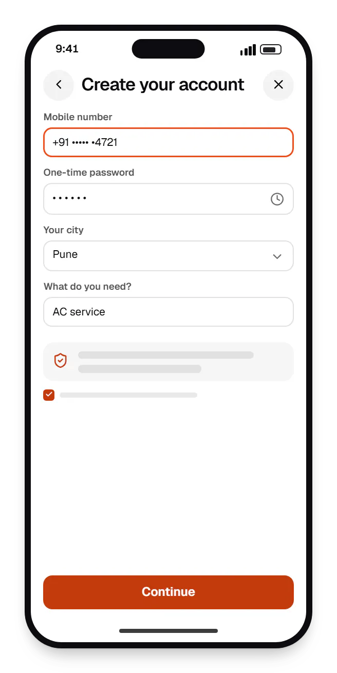 Startup software customer app create your account on a phone, with input fields and an action button
