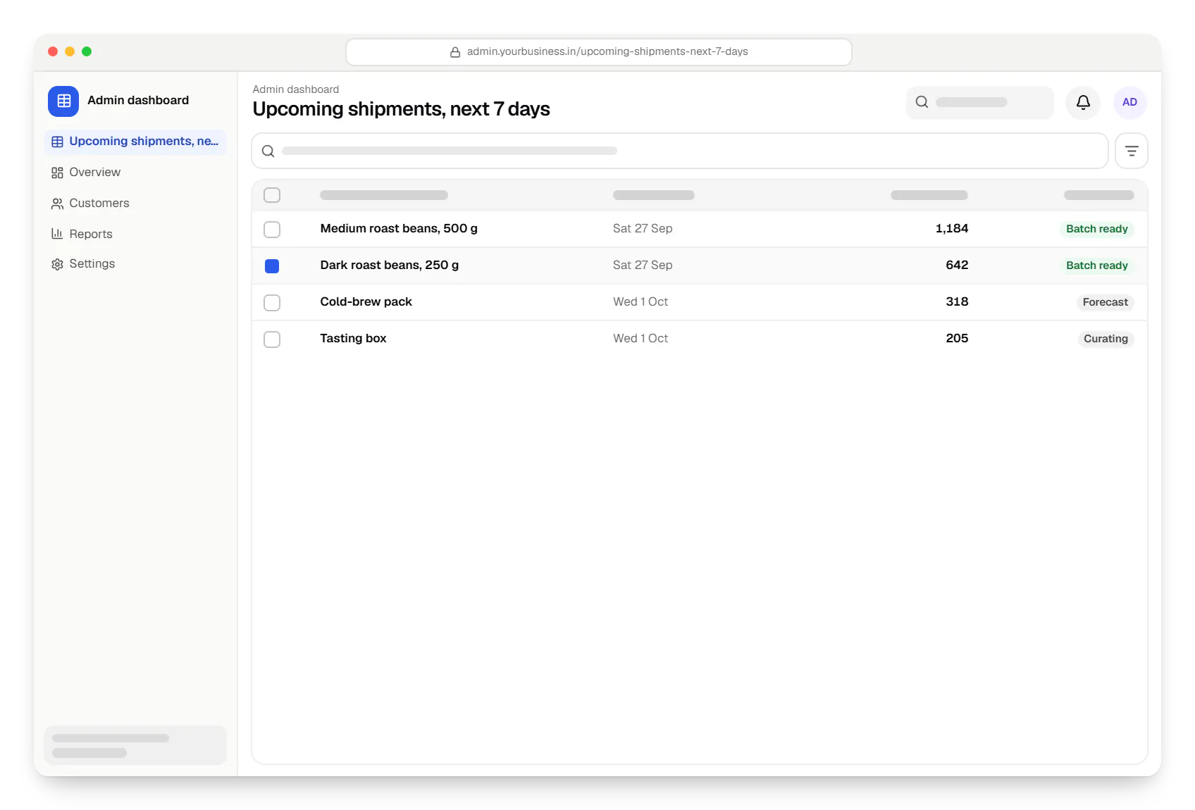 Subscription commerce admin dashboard upcoming shipments, next 7 days table in a web browser, with 4 rows and status labels