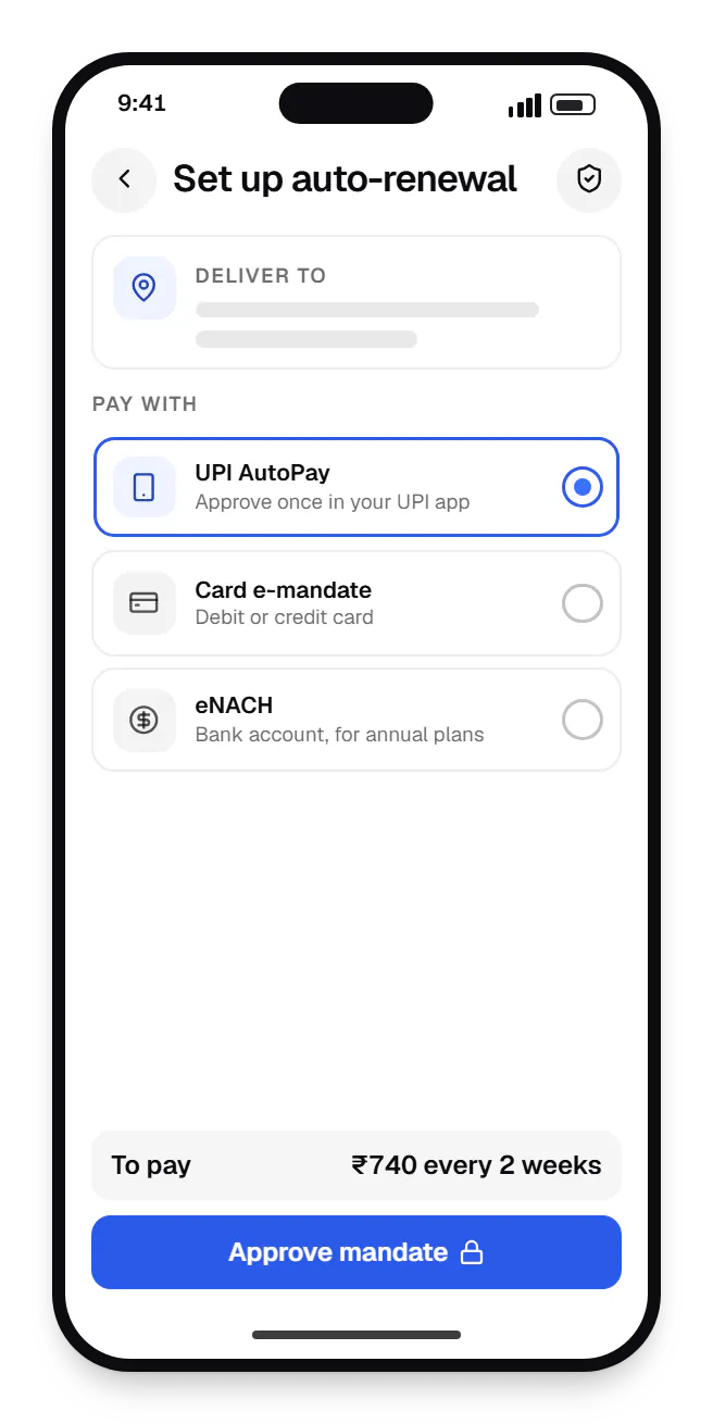 Subscription commerce subscriber app checkout on a phone, with UPI AutoPay, card e-mandate and eNACH options
