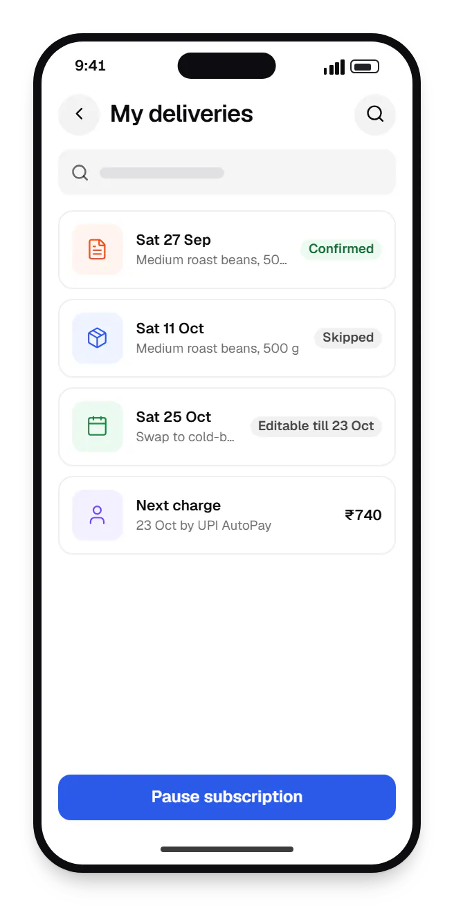 Subscription commerce subscriber app my deliveries on a phone, with 4 entries