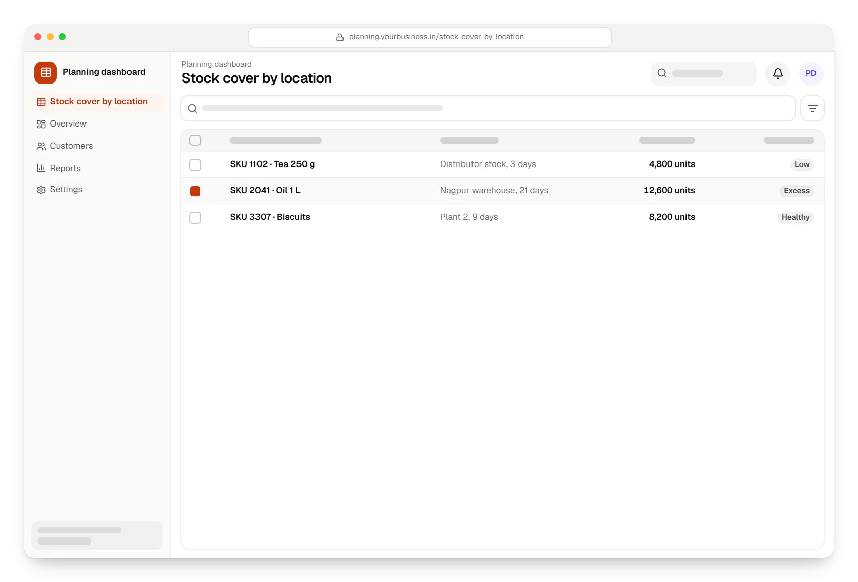 Supply chain software planning dashboard stock cover by location table in a web browser, with 3 rows and status labels