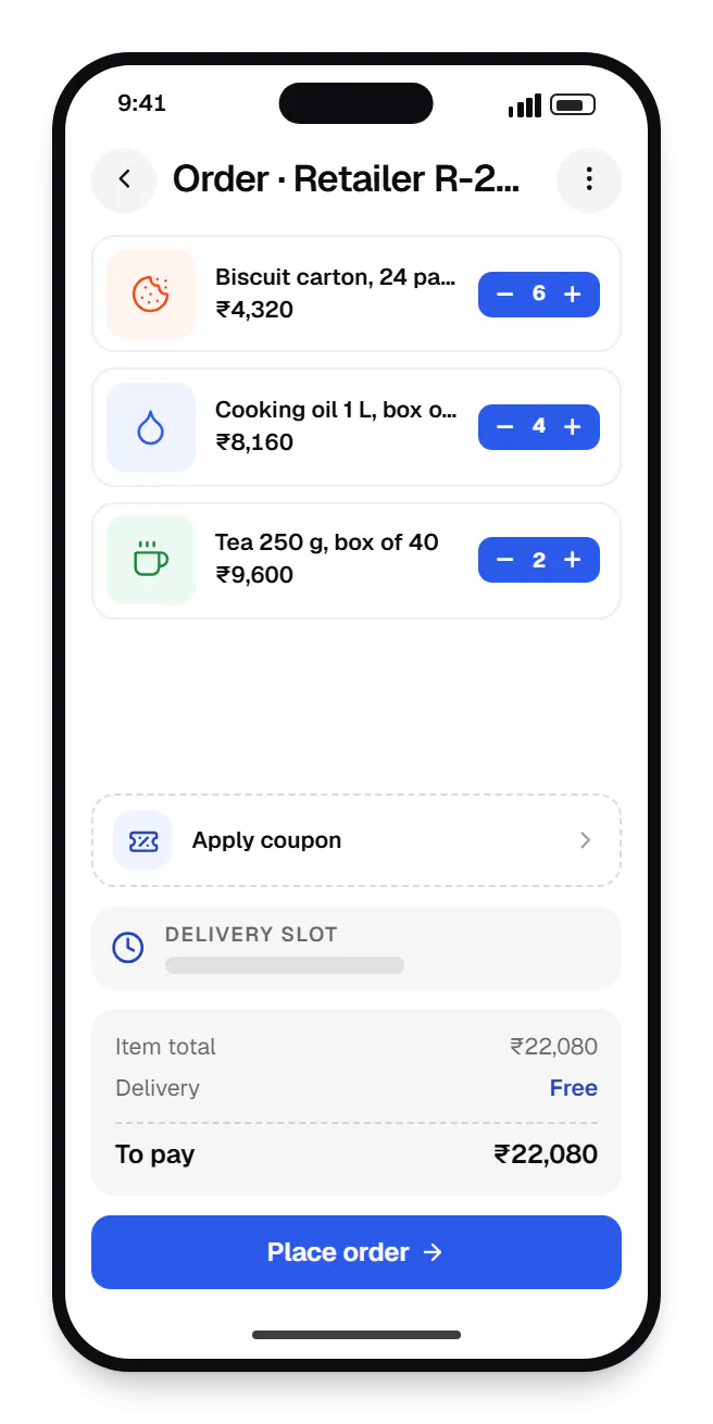 Supply chain software salesforce app cart on a phone, with 3 items and the order total