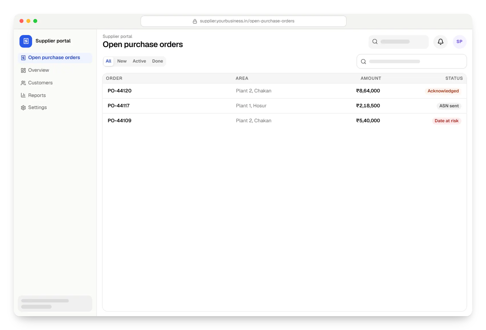 Supply chain software supplier portal order list in a web browser, with 3 orders and their status