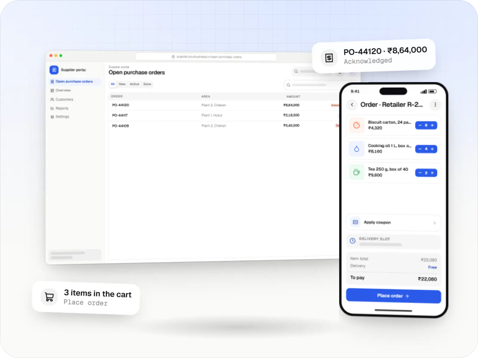Supply chain software screens: supplier portal in a browser and salesforce app on a phone