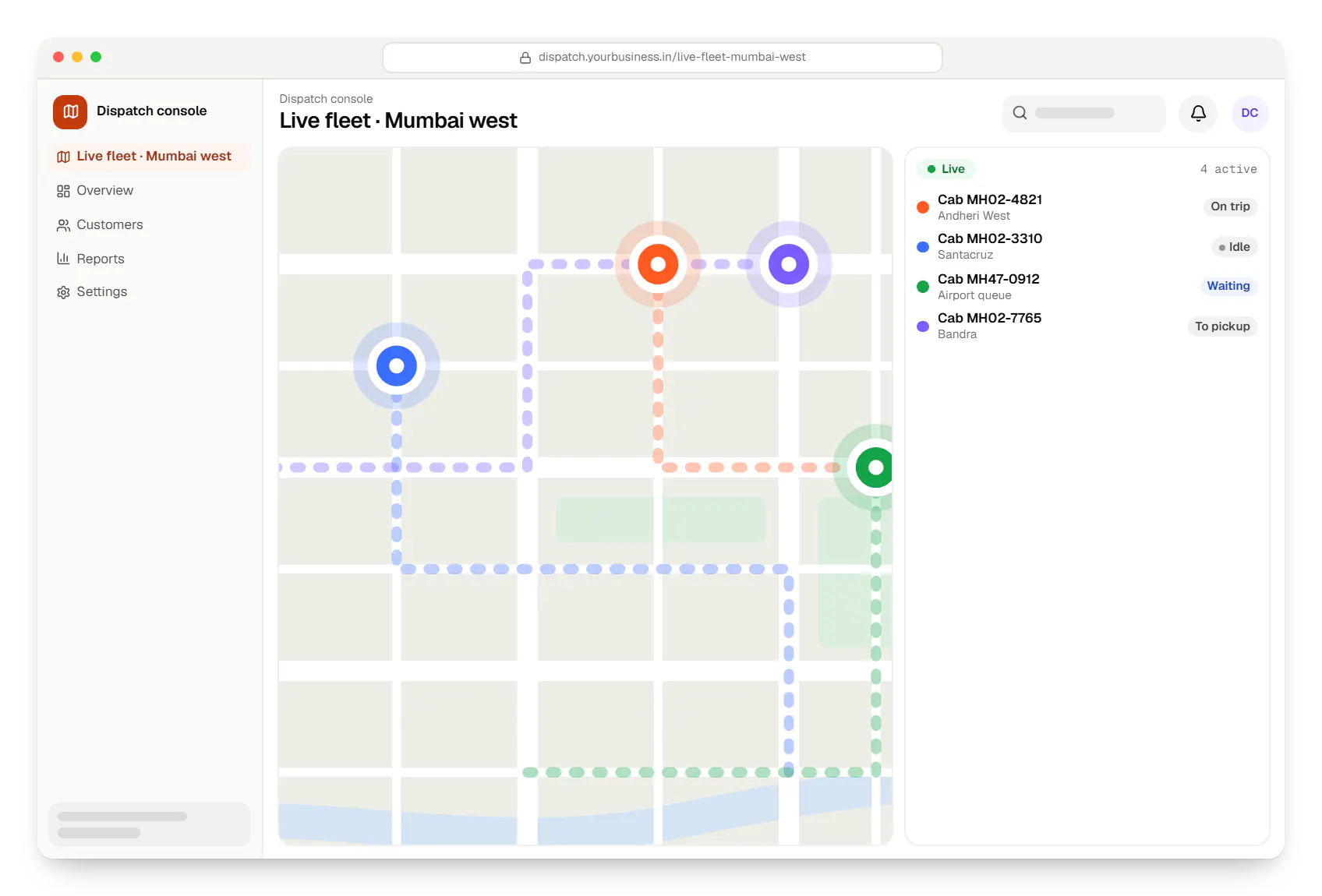 Taxi and ride-hailing software dispatch console route map in a web browser, with stops and live positions
