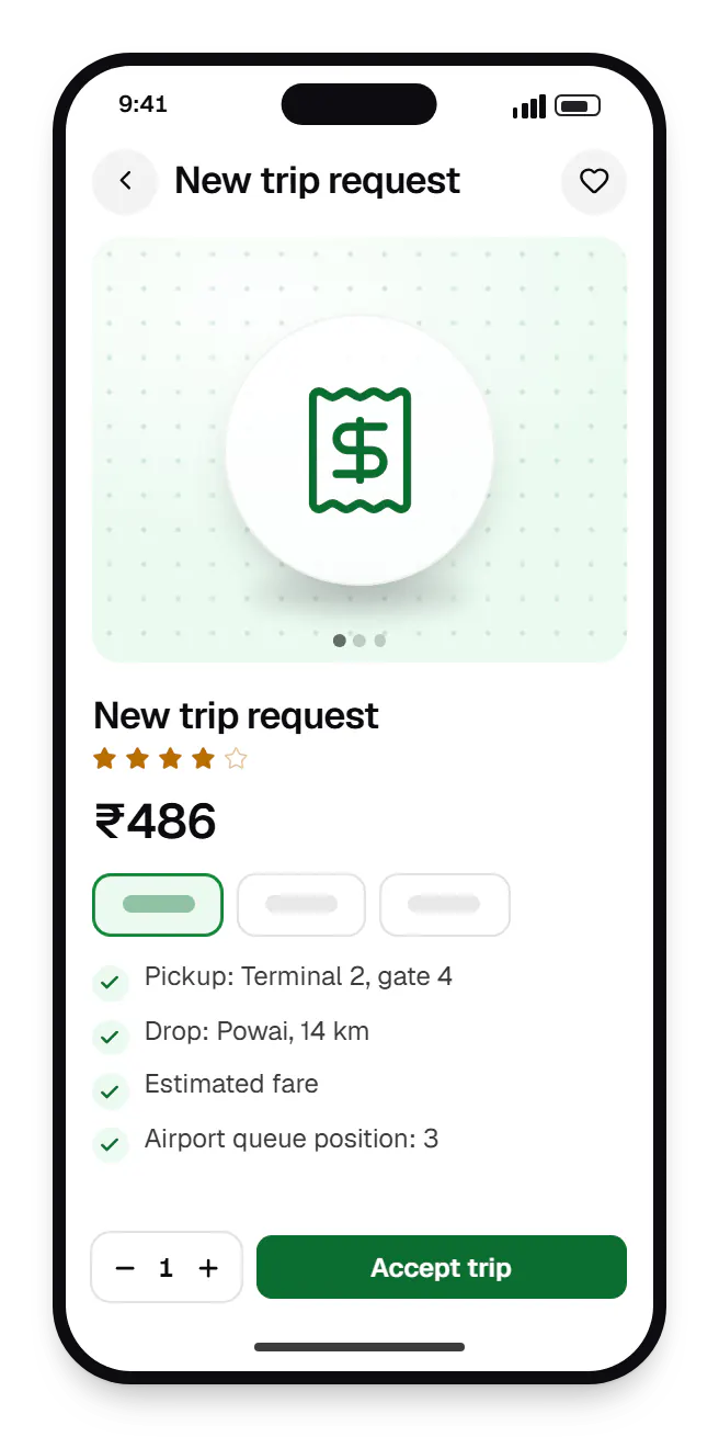 Taxi and ride-hailing software driver app product page on a phone, for new trip request, with price and options
