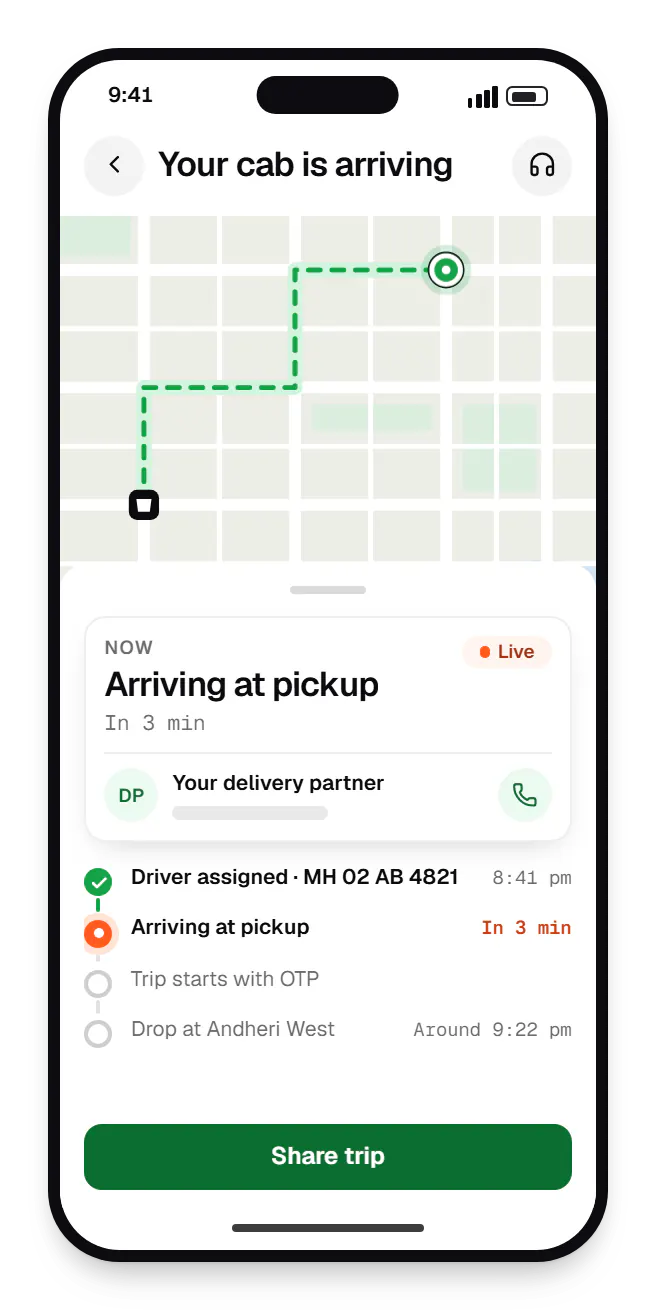Taxi and ride-hailing software rider app order tracking on a phone, with live status steps