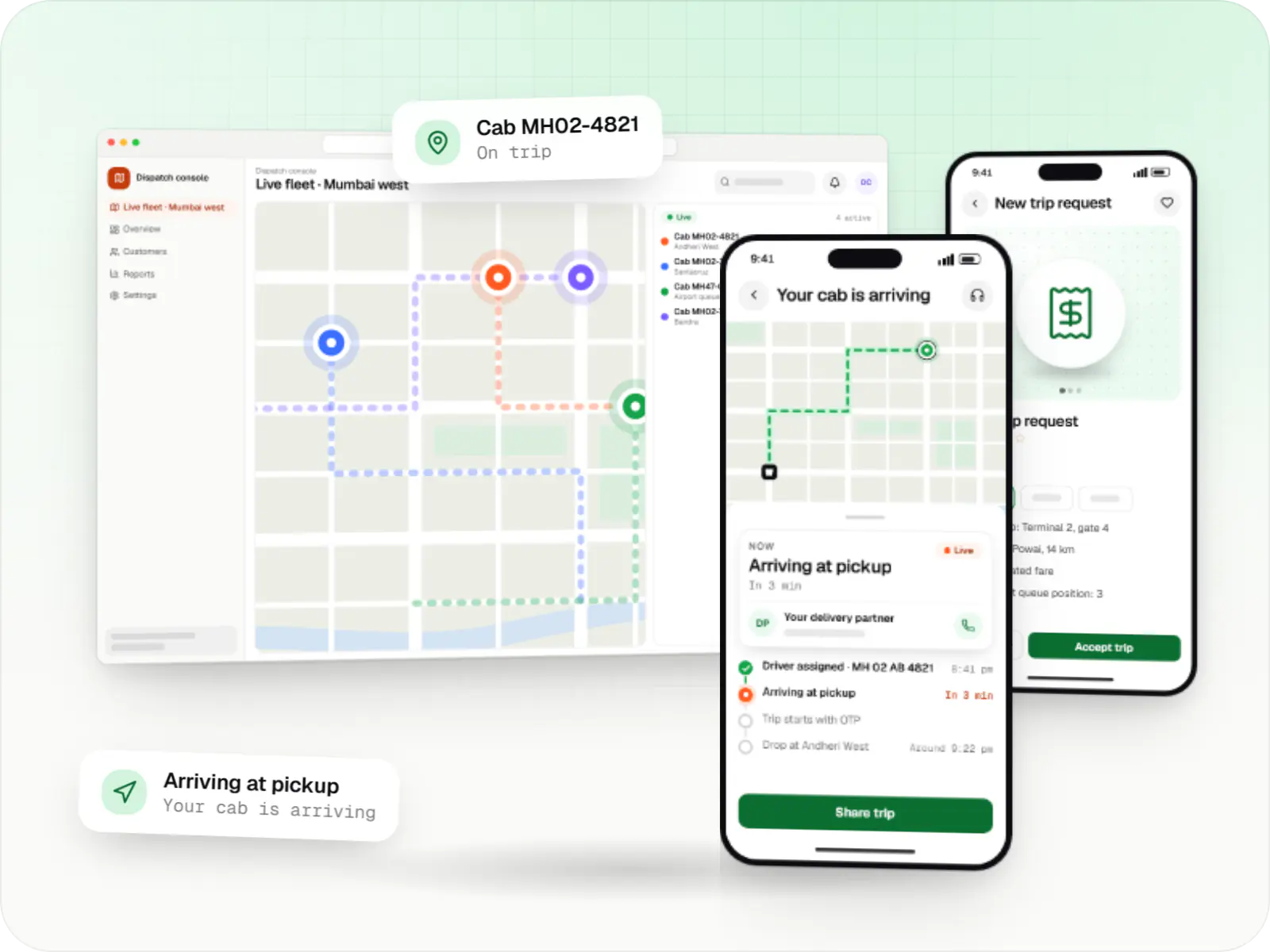 Taxi and ride-hailing software screens: dispatch console in a browser, rider app on a phone and driver app on a phone