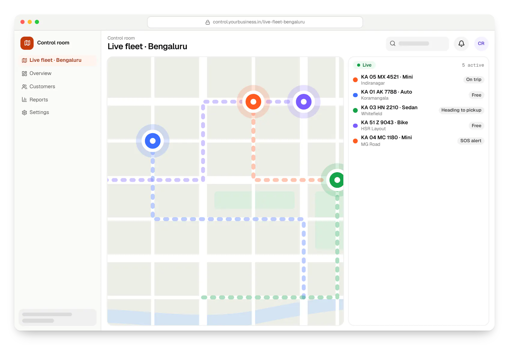 Taxi booking app control room route map in a web browser, with stops and live positions