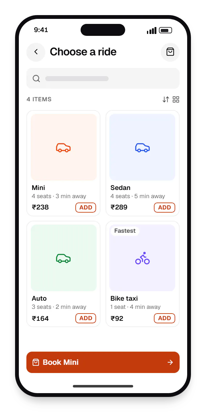 Taxi booking rider app catalogue on a phone, showing choose a ride with prices