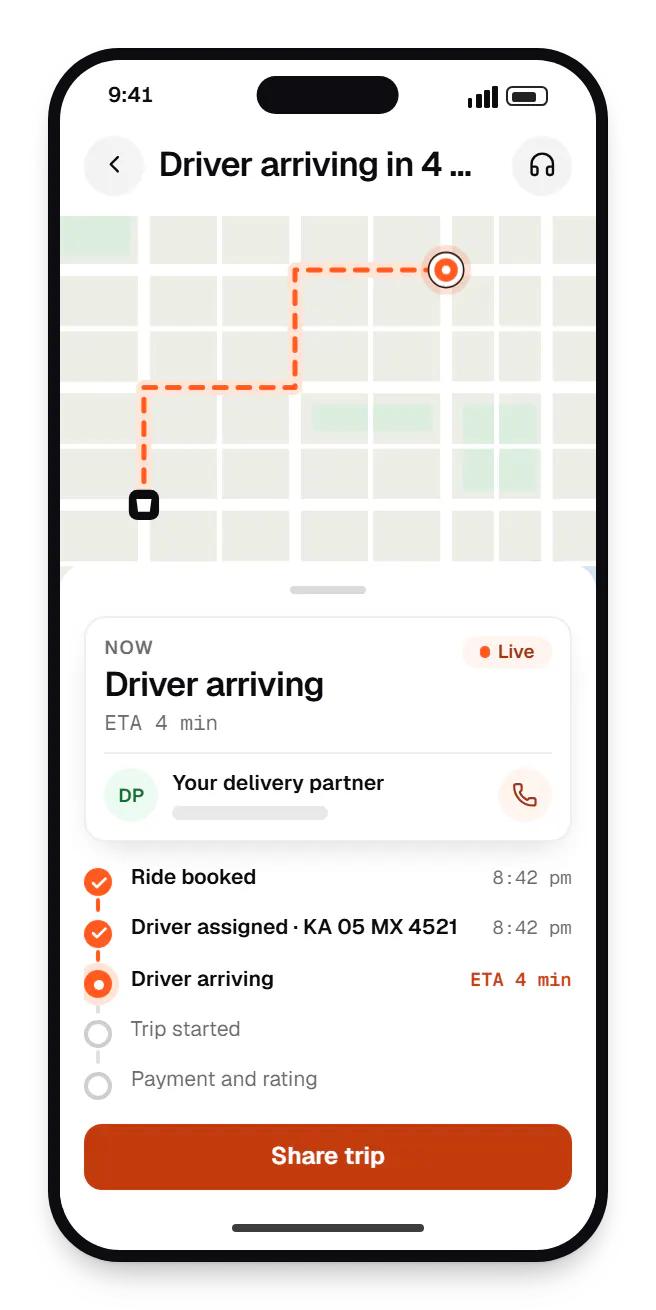 Taxi booking rider app order tracking on a phone, with live status steps
