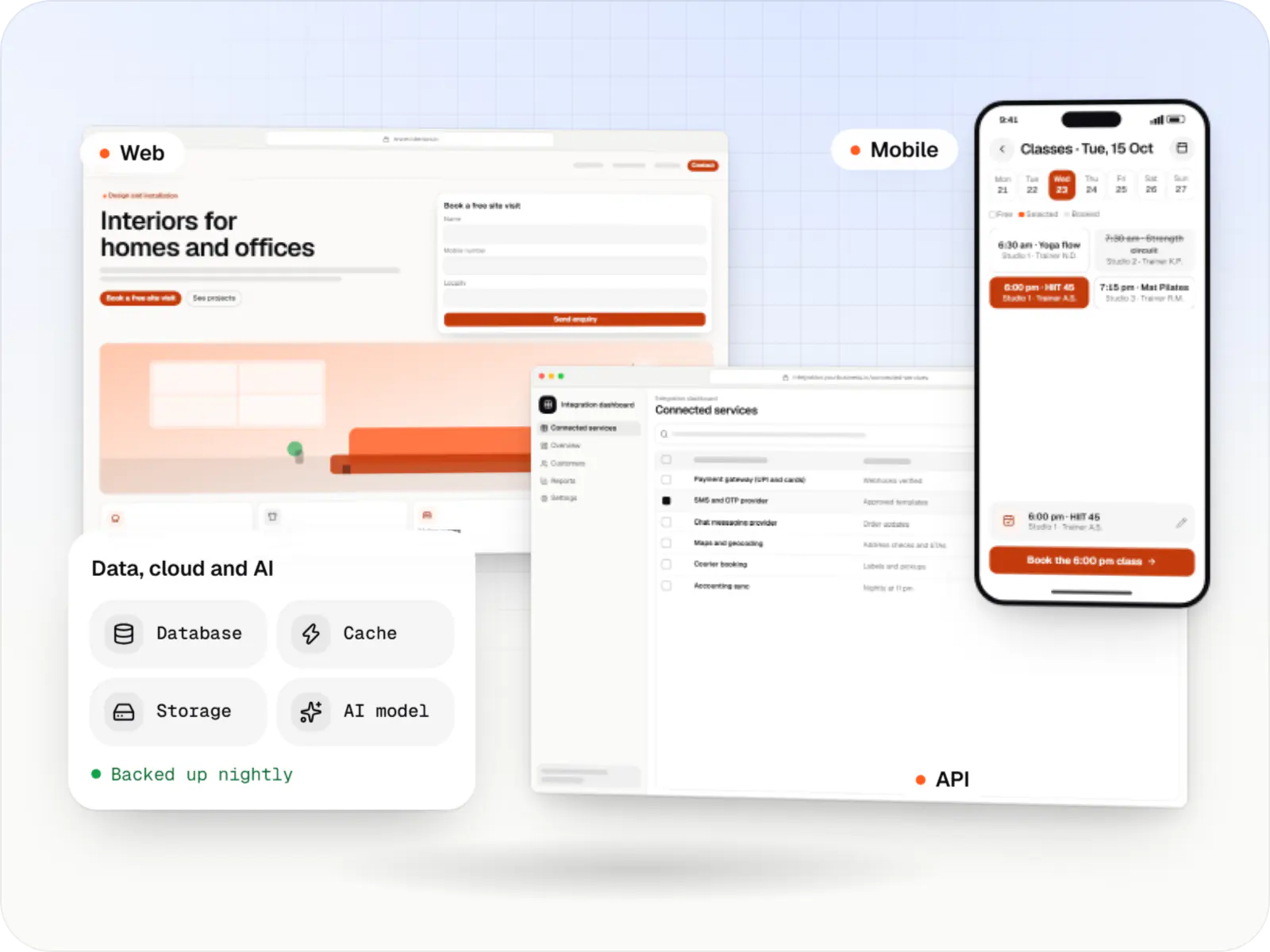 Layers of a software product: a phone app, a website, an API with connected services, a database and cloud hosting