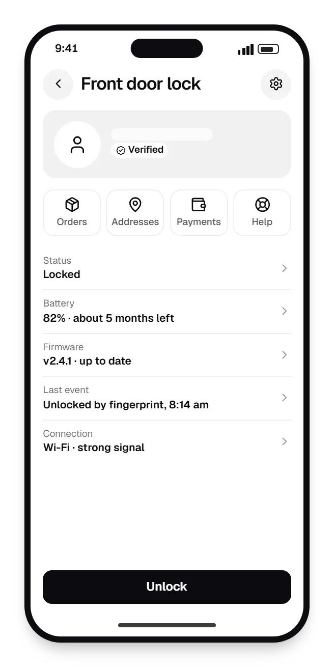Technology company software companion app profile on a phone, with account details