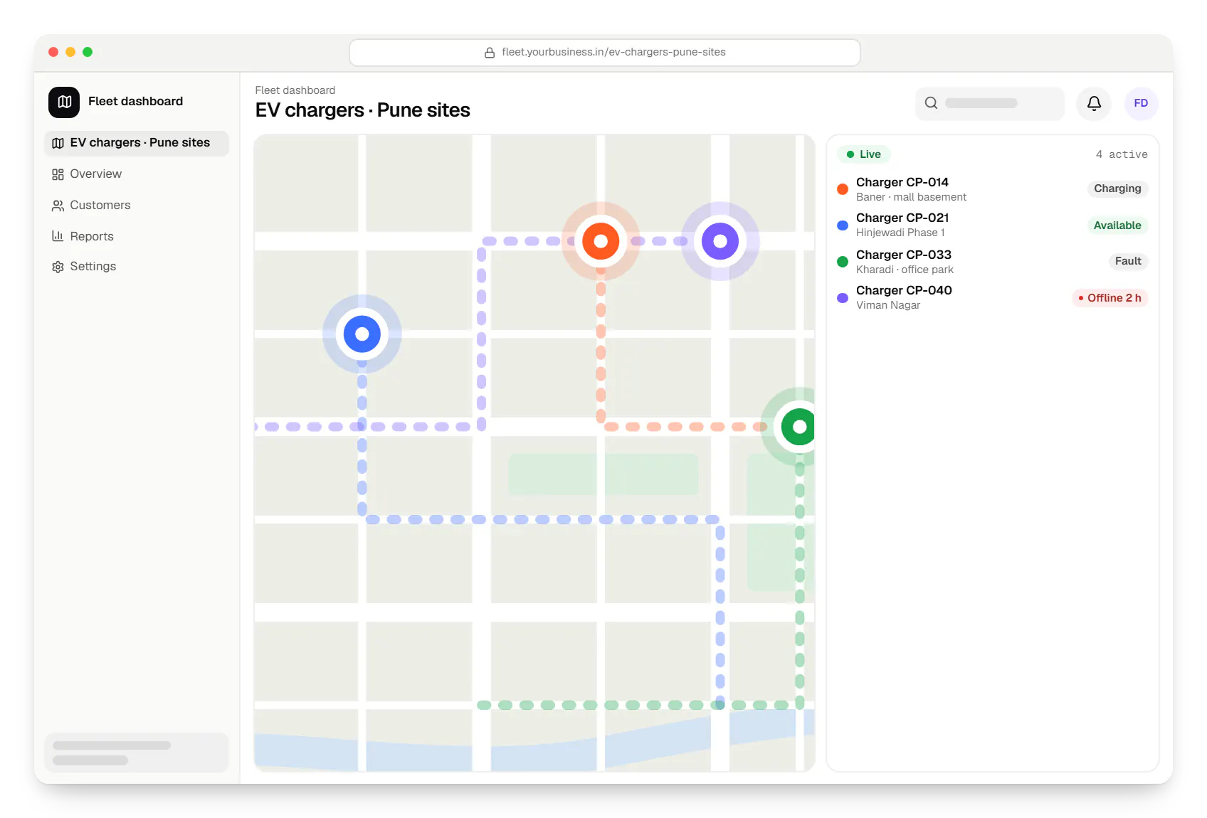 Technology company software fleet dashboard route map in a web browser, with stops and live positions