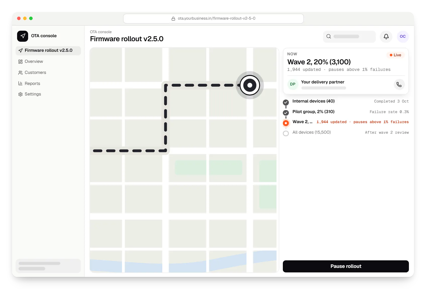 Technology company software OTA console order tracking in a web browser, with live status steps