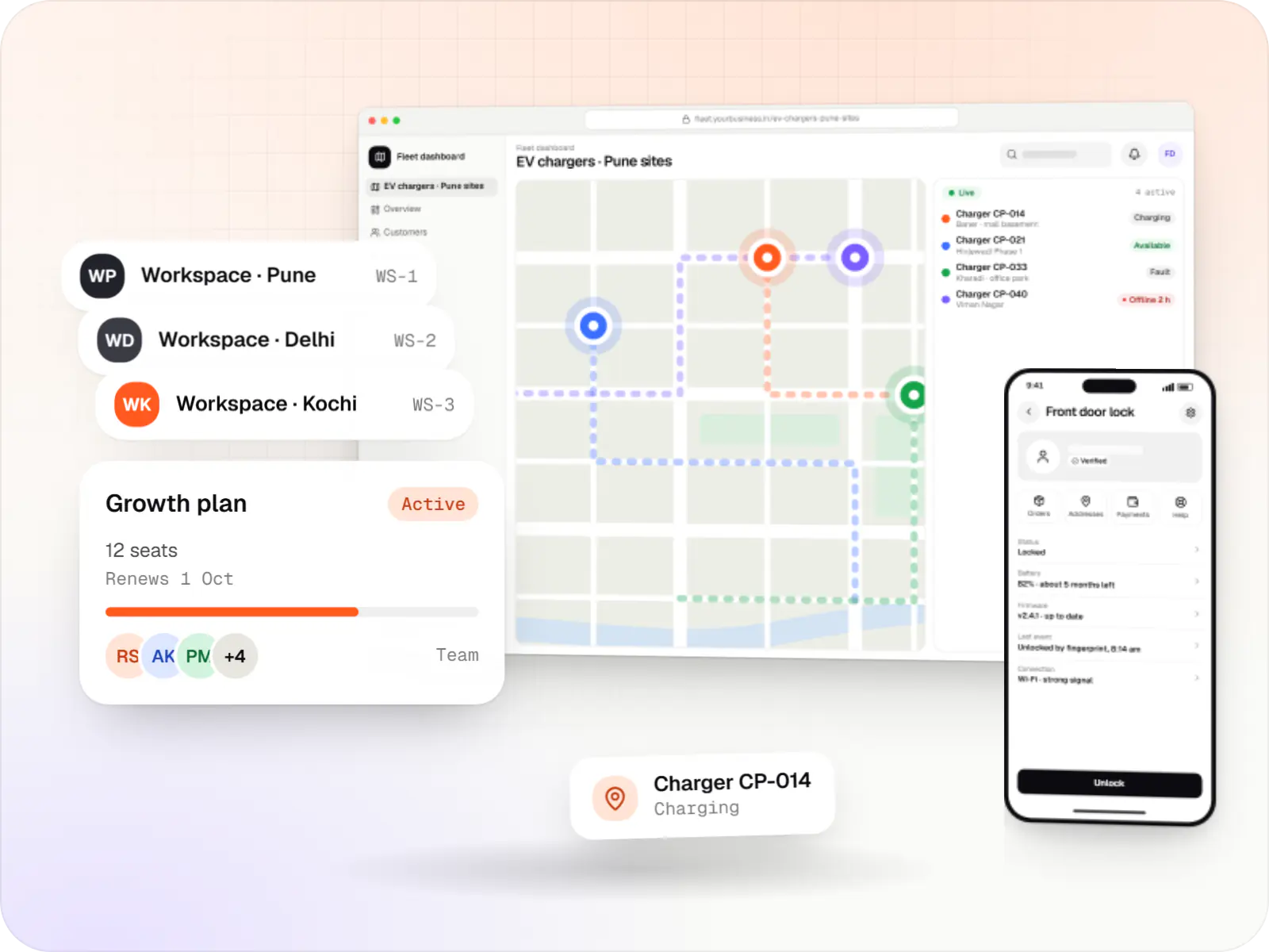 Technology company software screens: fleet dashboard in a browser and companion app on a phone