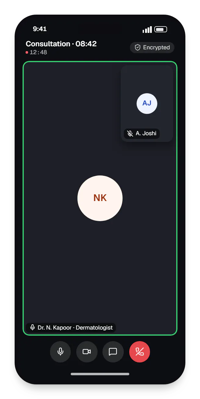 Telemedicine app consultation video consultation on a phone, with call controls