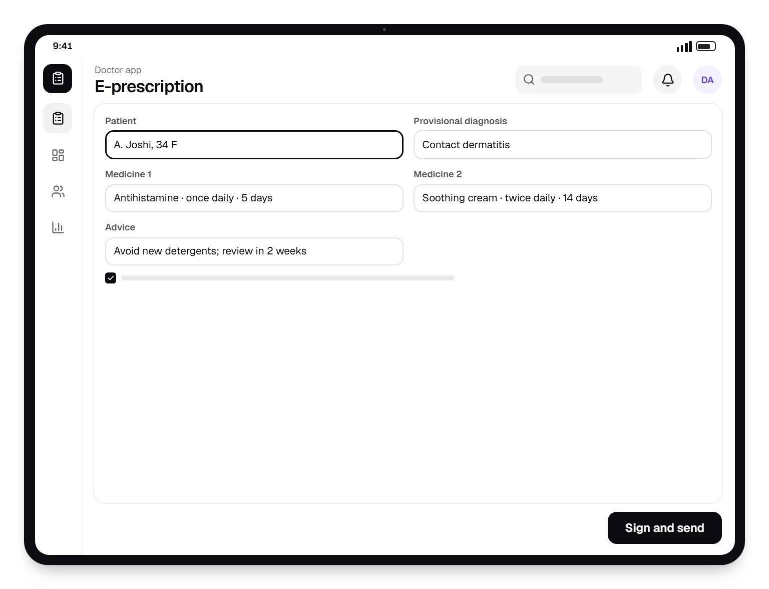 Telemedicine doctor app e-prescription on a tablet, with input fields and an action button