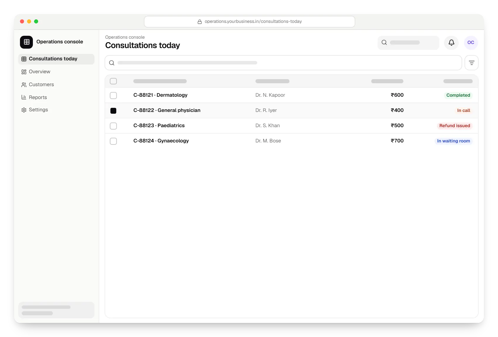 Telemedicine app operations console consultations today table in a web browser, with 4 rows and status labels