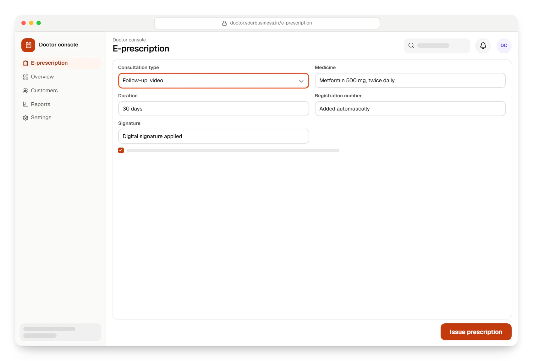 Telemedicine software doctor console e-prescription in a web browser, with input fields and an action button